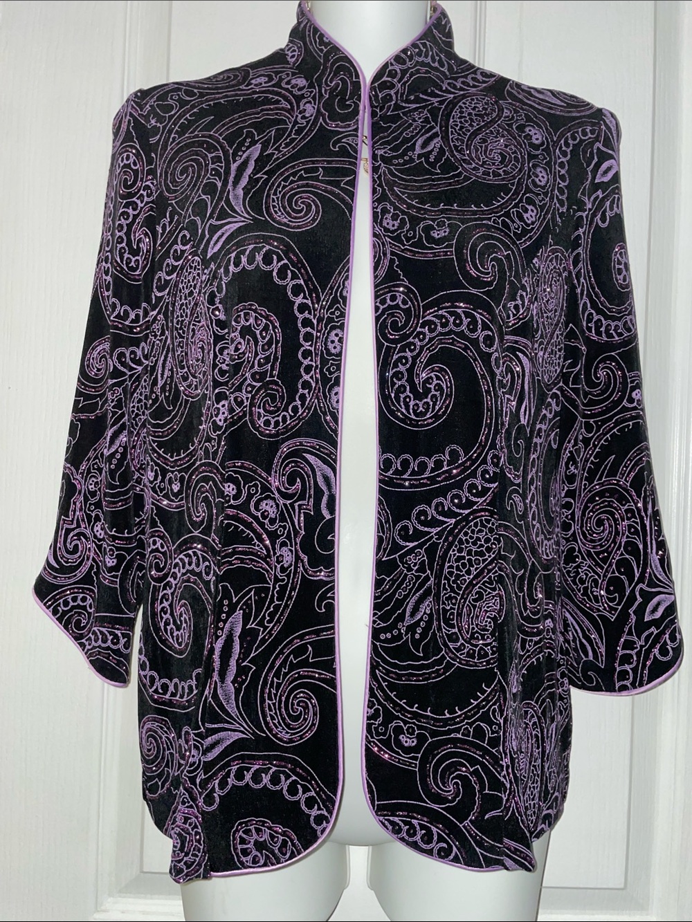 Alex Evenings Black Velvet Jacket with Lavender Paisley Trim